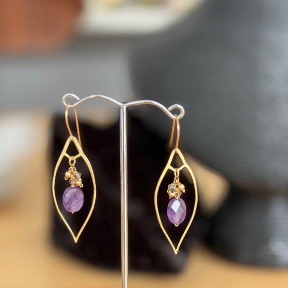 14Kt Gold Fill Amethyst Drop Leaf Earrings Handmade Artisan - Picture 7 of 7